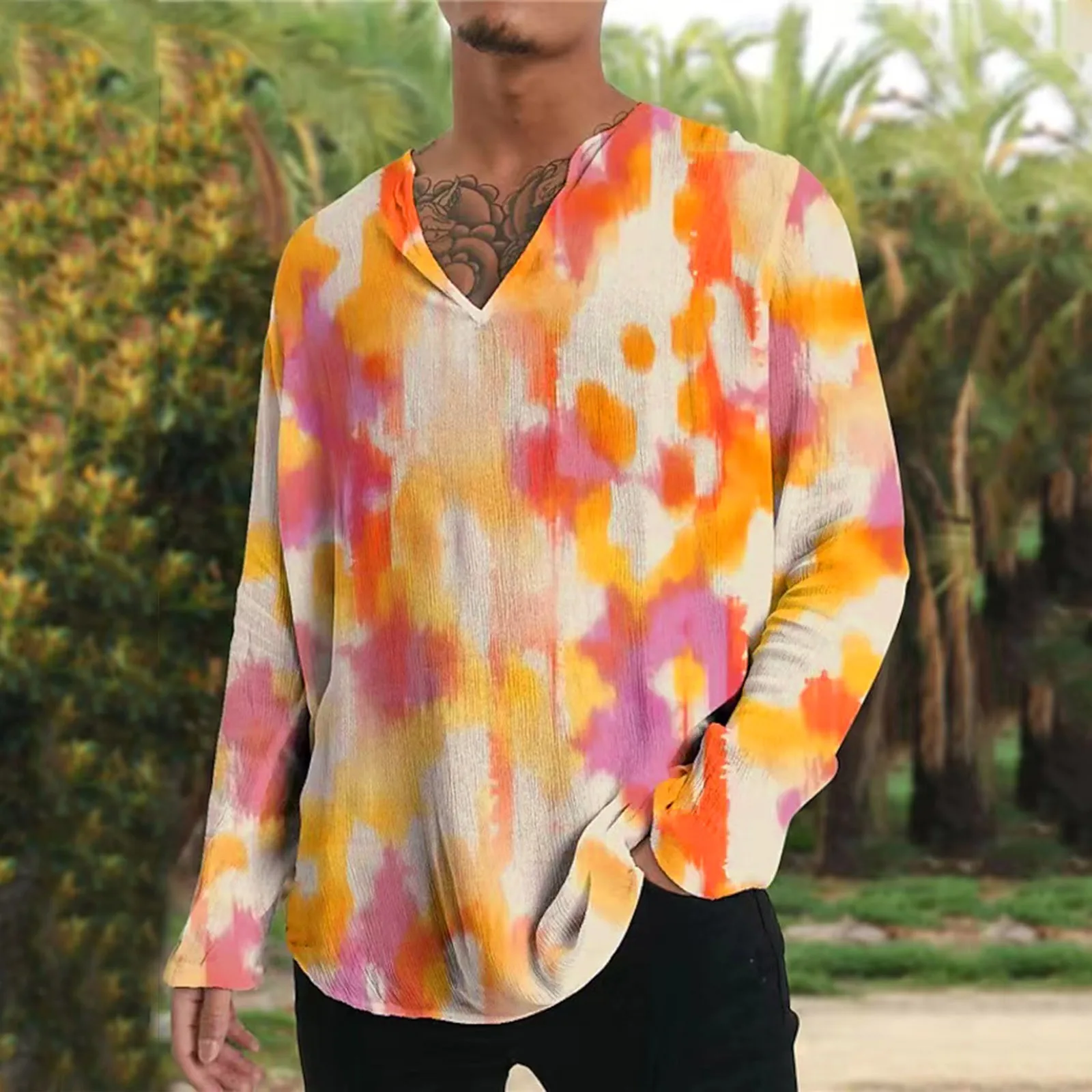

Men's Tee Shirt Summer Print Tops Vintage Pullover V Neck Lace-up Loose T-shirts Holiday Beach Casual Long Sleeve T Shirt Tops