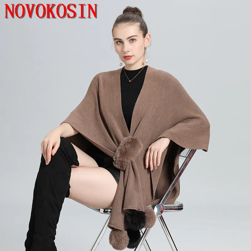 

2022 Khaki Black Wine Red Women Autumn Knitted Poncho Shawl Two Colors Faux Fur Ball Streetwear Cardigan Knitwear Loose Capes