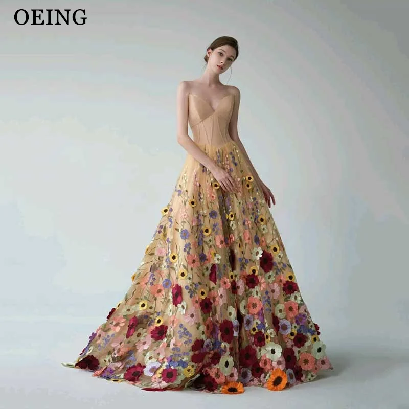 

OEING Pastrol Prom Dress Elegant Champagne Floral Strapless V-Neck Evening Dresses Formal Occasion Gowns Vestidos De Fiesta Gala