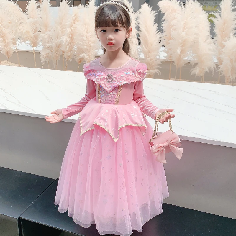 

Рождественское платье принцессы Авроры с блестками, косплей-костюм Спящей красавицы для Хэллоуина, детское розовое бальное платье с длинны...
