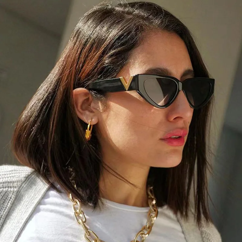 

Fashion Designer Luxury Brand Cat Eye Sunglasses Women 2022 Letter V Shape Oversized Vintage Female Sun Glasses Men Shades UV400