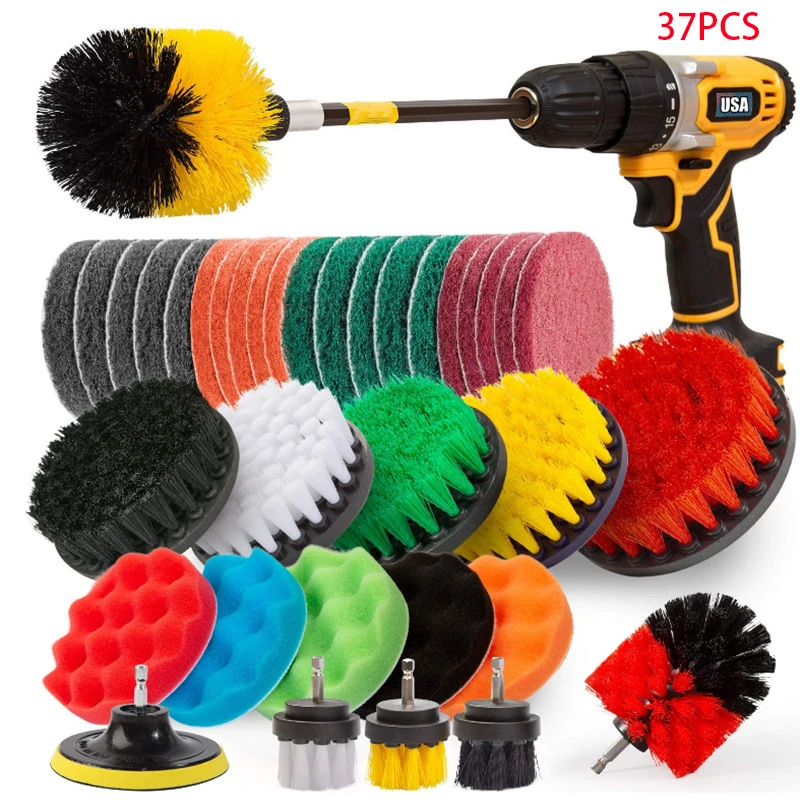 

37PCS/LOT Multipurpose Drill Brush Cleaning Washer Brush Scrub Pad and Sponge Abrasive Power Scrub Brush with Long Attachment
