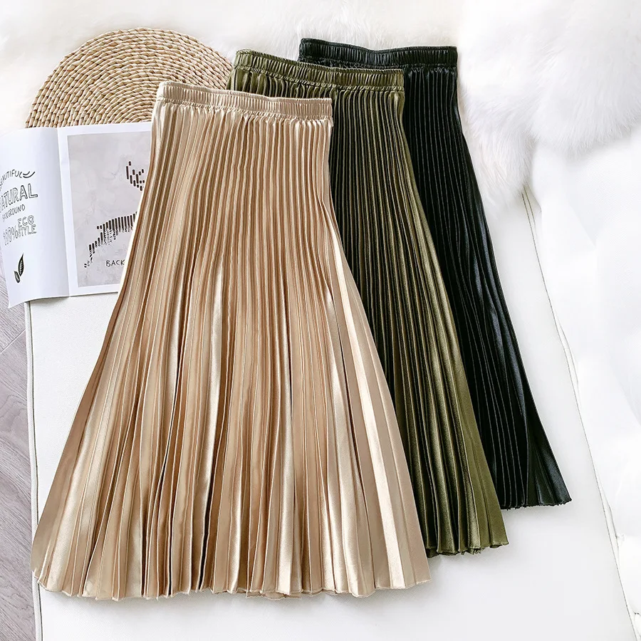 Korean Version Fashion New High Waist Satin Metallic Pleated Women's Skirt Commuter A-line Midi Skirt