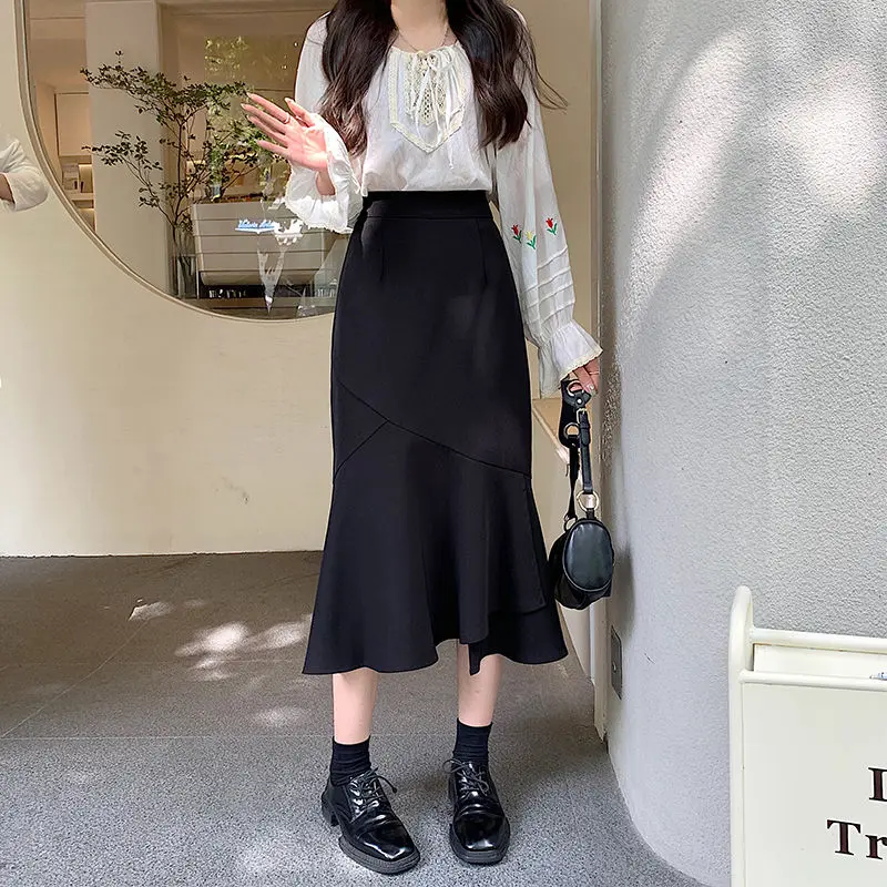 

Casual Elegant Loose A-line Long Skirts for Women Elegant 2023 Spring Autumn Vintage Mermaid High Waist Skirt Solid Color Z11