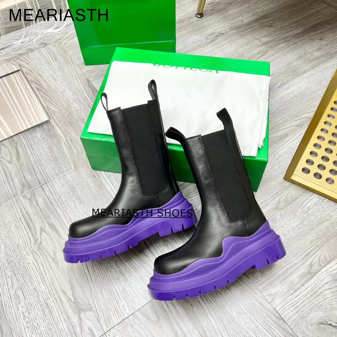 

Meariasth Chunky Boots Women Winter Shoes Leather Plush Ankle Boots Black Female Autumn Chelsea Boots Fashion Platform Booties