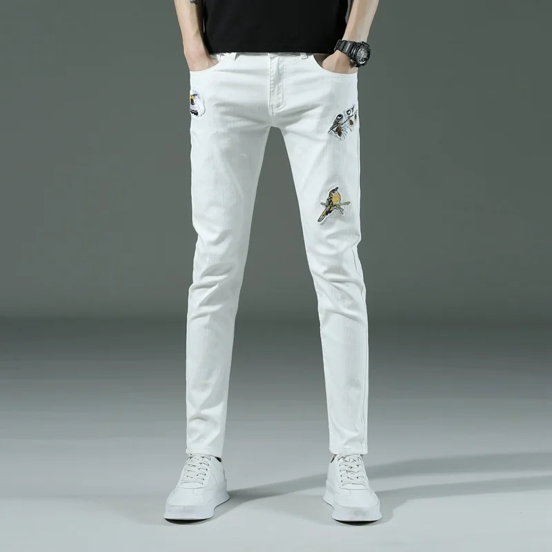 

Spring Autumn New Men's Thin Slim White Jeans Stretch Embroidery Decoration Denim Men Fashion Trousers Male Brand Pants Chinos