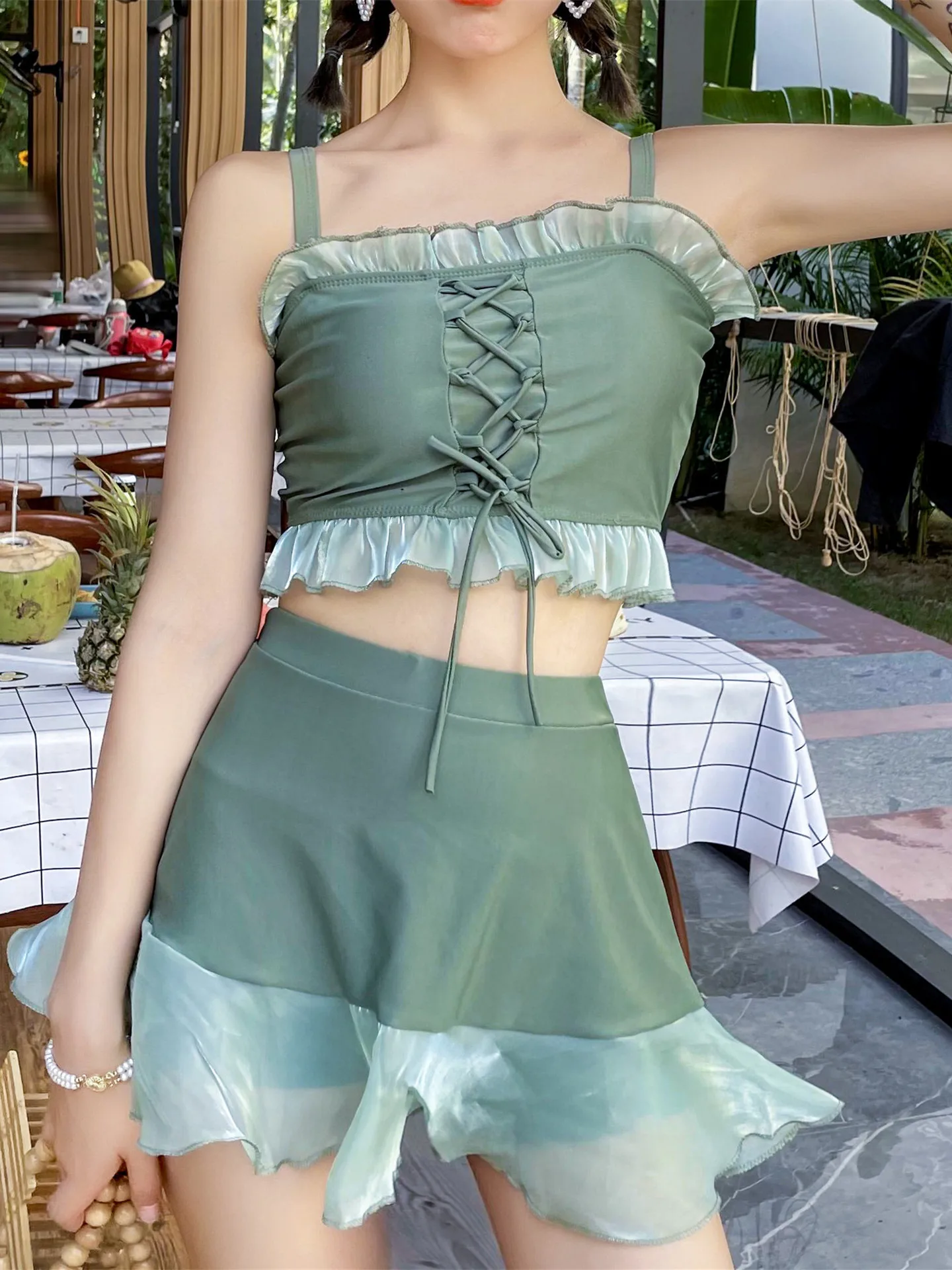 

Женская юбка с завышенной талией, привлекательный купальник из двух предметов с открытой спиной и завязками, с бантом на груди, весна-лето