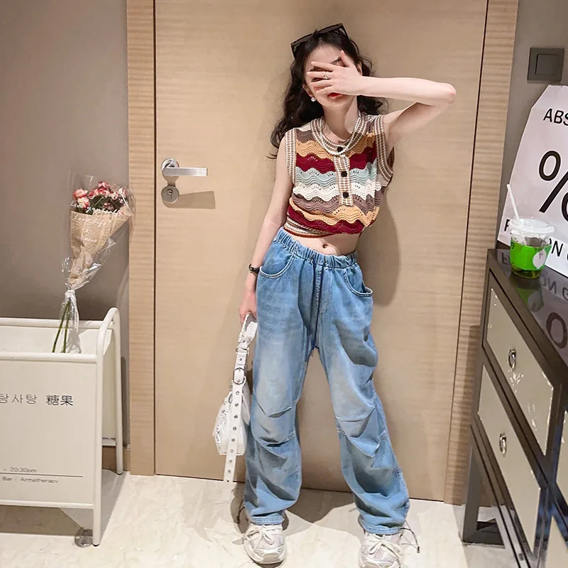 

Girls Pants Set Summer Trendy Sleeveless Vest Jeans Two Pieces Young Children Clothing Fashion Casual Holiday Outfits for Kids