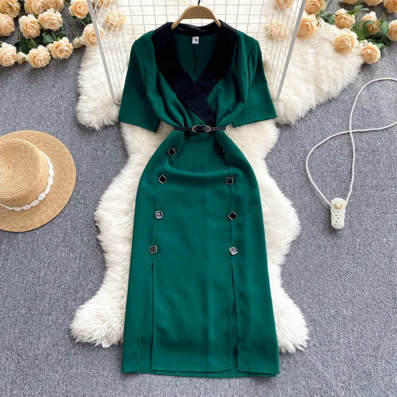 

Women New Fashion Summer Suit Collar Short Sleeve Split Dress Solid Color Work OL Clothes Korean Vestidos De Mujer E937