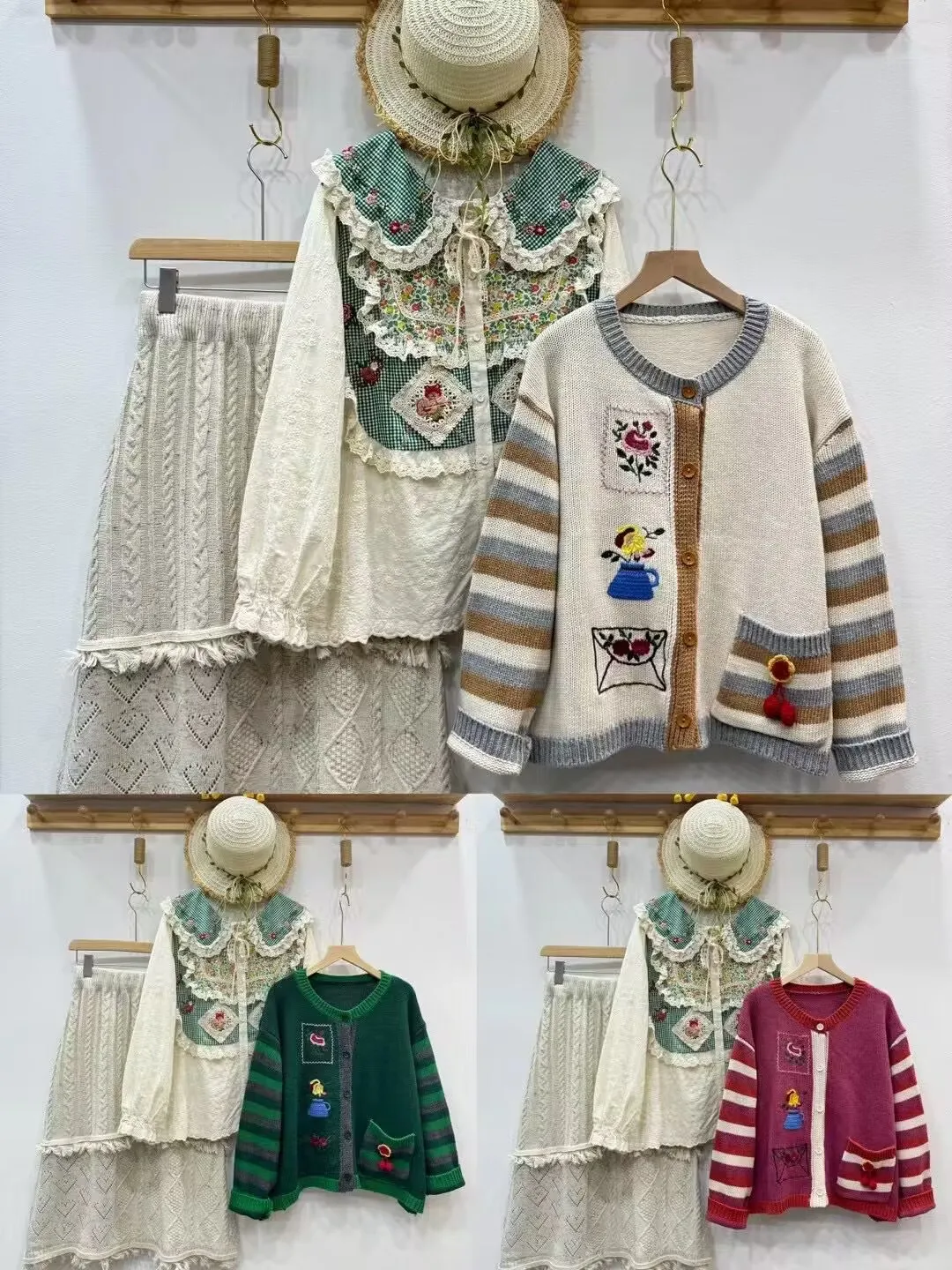 Осень-зима милый свитер с вышивкой женский однобортный вязаный круглым вырезом