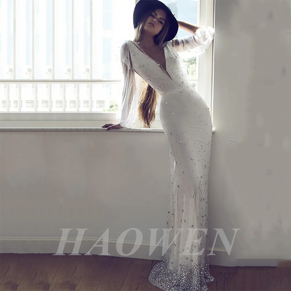 

HAOWEN Sexy Long Sleeves Evening Dress V Neck Beach Boho Evening Dresses Satin Sequin Mermaid Formal Dress Robe De Soiree