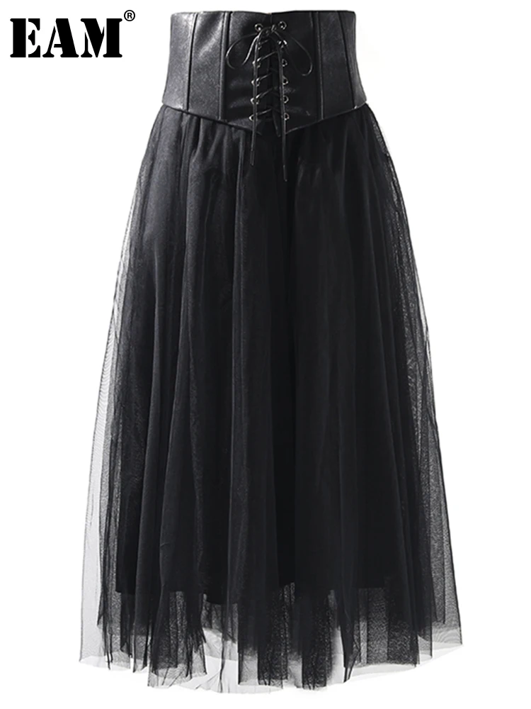 

[EAM] High Waist Black Leather Bandage Mesh Long Holiday Half-body Skirt Women Fashion Tide New Spring Autumn 2022 1DE5069