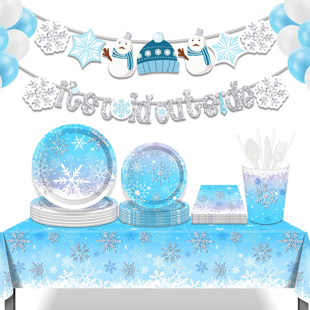 

Winter Blue Snowflakes Christmas Birthday Party Disposable Tableware Sets Plates Banner Tablecovers Baby Shower Party Decoration