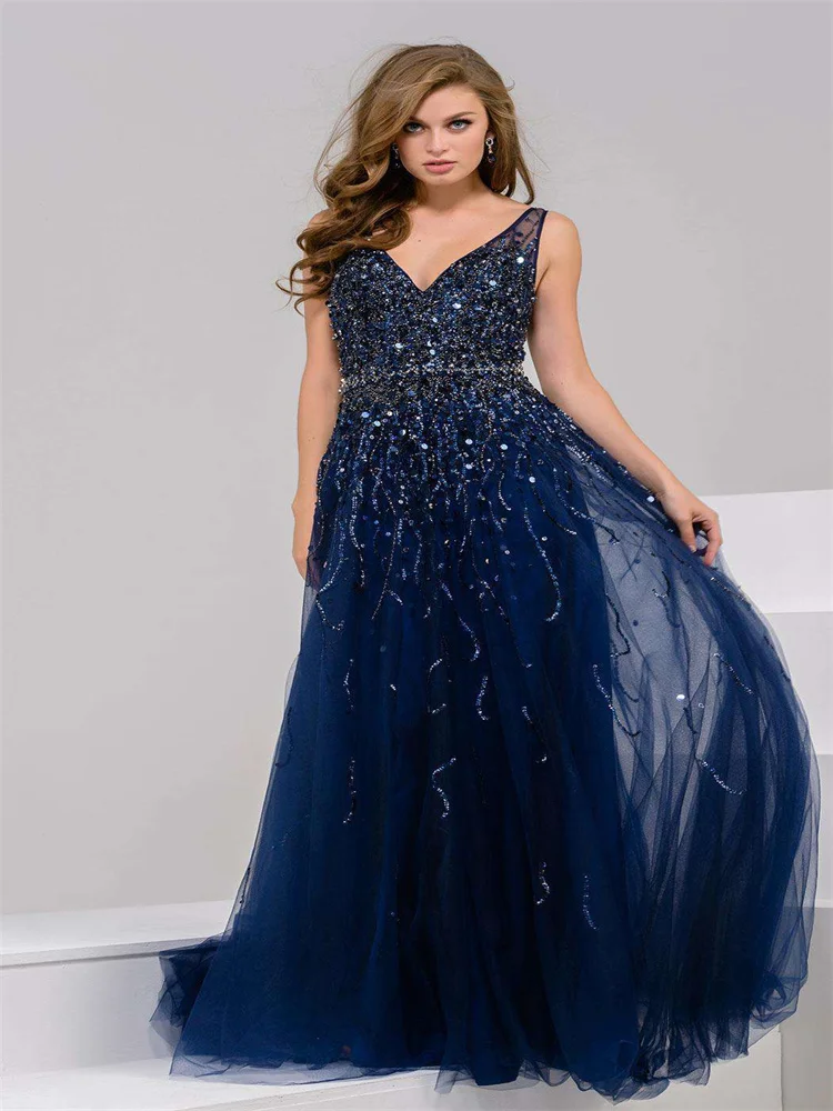 

A-Line Sweetheart Sleeveless Evening Dress Deep V Back Lace Appliques Floor Length Sequin Prom Gown Elegant Women's Party Dress