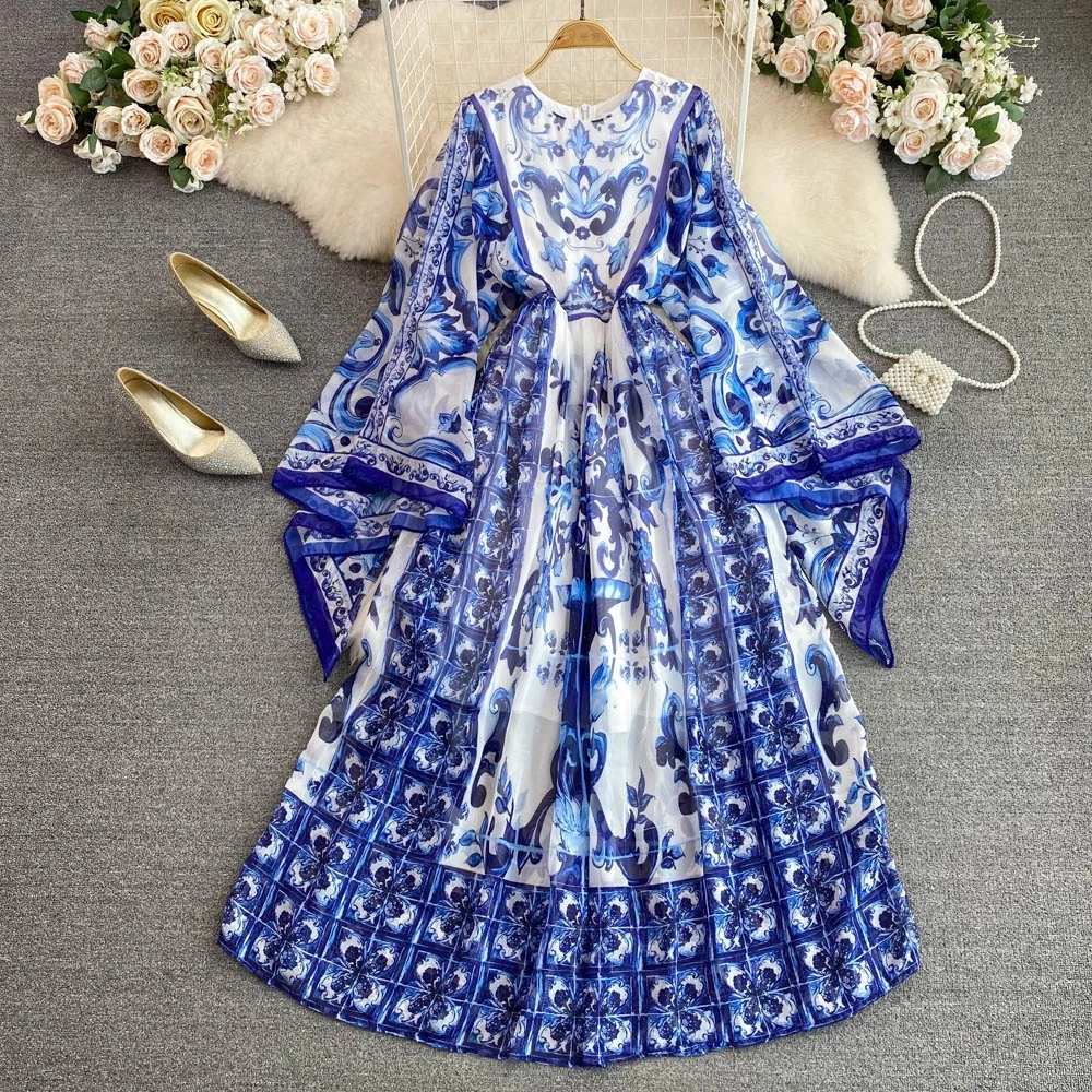 

Vintage Palace Flared Sleeve Dresses Ladies Designer Blue And White Porcelain Printing Autumn Loose Casual Party Long Dress