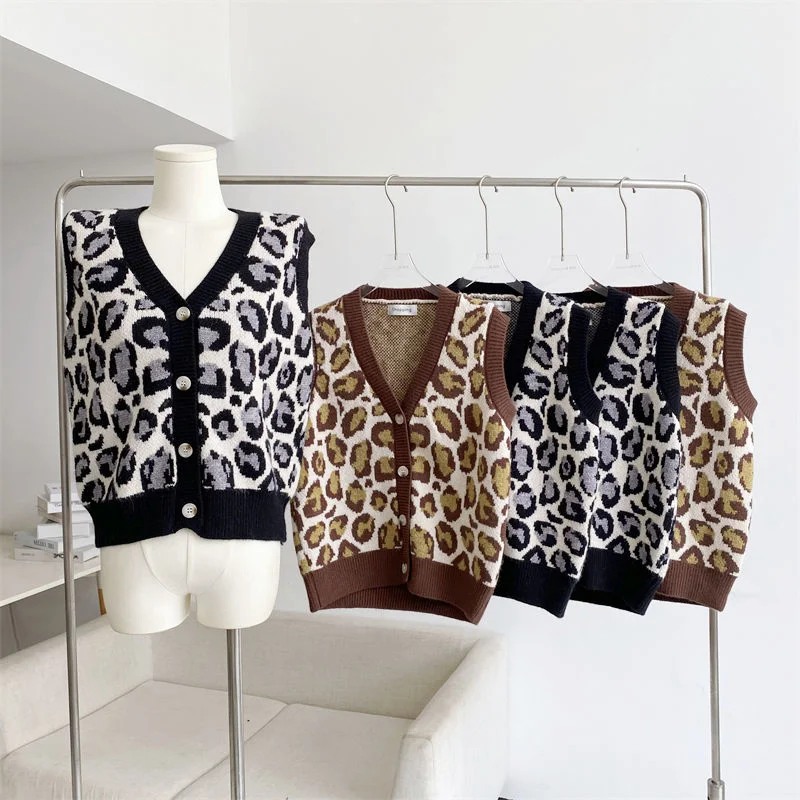 

Весна-Осень Новый Дизайн Леопардовый вязаный жилет женский кардиган свободная одежда
