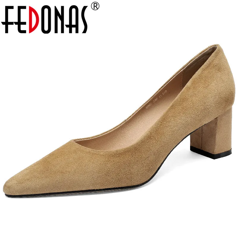 FEDONAS Women Pumps Spring Summer Basic Pointed Toe Thick Heels Kid Suede Leather Shoes Woman Fashion Concise Office Lady Party