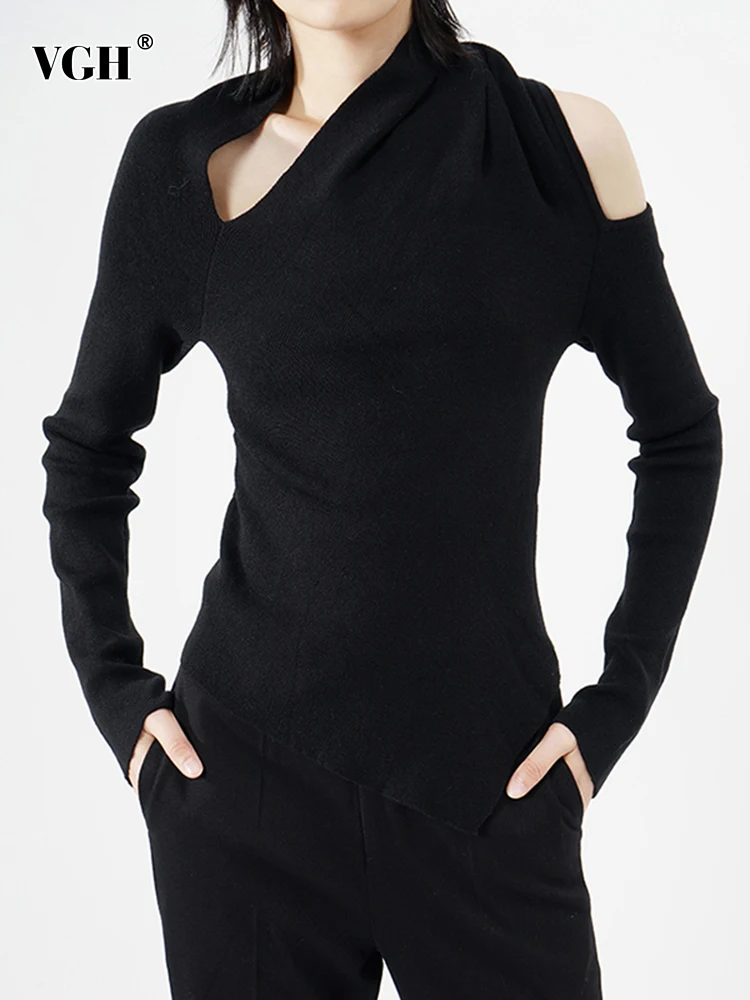 

VGH Irregular Hem Hollow Out For Female Knitted Sweater Skew Collar Long Sleeve Off Shoulder Women's Sexy Pullover 2022 Clothing