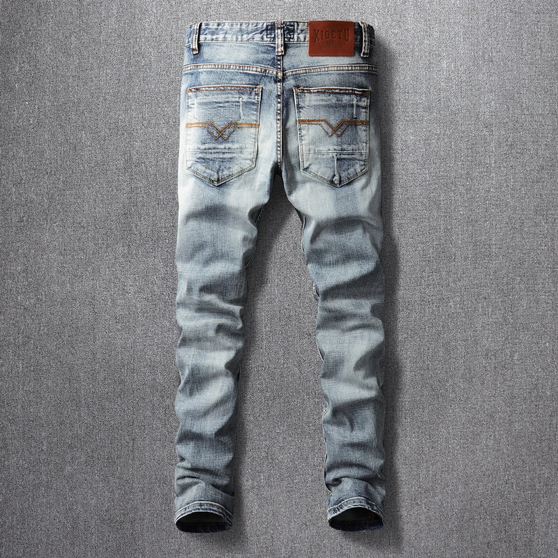 Fashion Designer Men Jeans High Quality Retro Gray Blue Elastic Slim Fit Ripped Jeans Men Casual Trousers Vintage Denim Pants