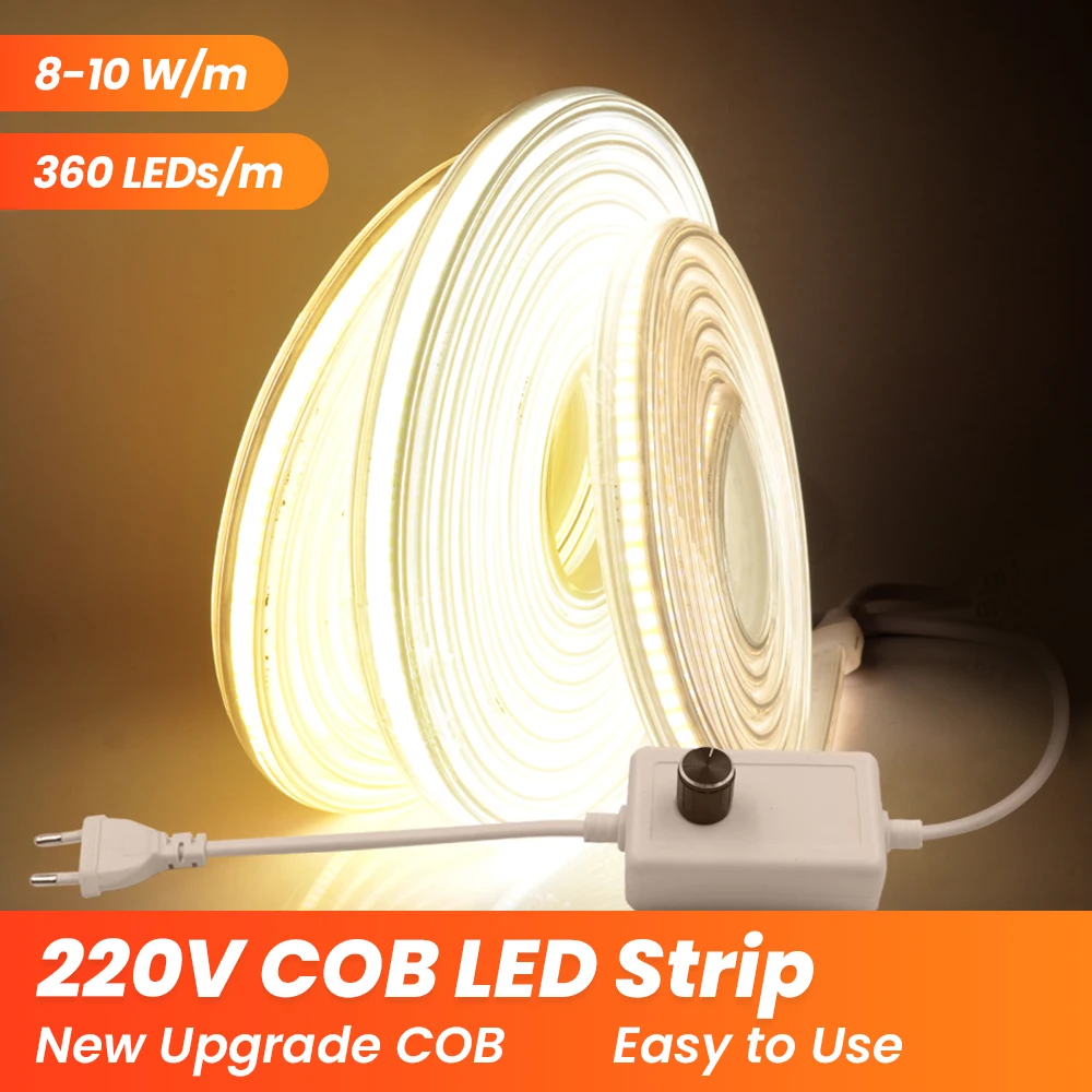 

AC 220V COB LED Strip Light with EU Plug Dimmer 360 LEDs/m Flexible LED Tape CRI RA 90 3000K 4000K 6000K Waterproof Outdoor Lamp