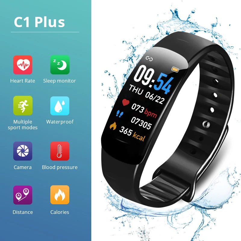 

C1Plus Smart Bracelet Waterproof Bluetooth Sport Bracelet Pedometer and Heart Rate Blood Pressure Smart Wristwatch for Fitness