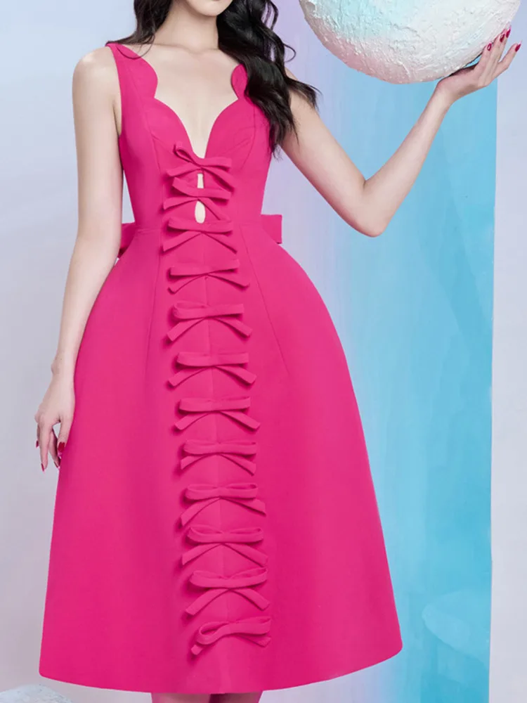 Женское платье без рукавов DEAT однотонное вечернее с бантом и высокой талией