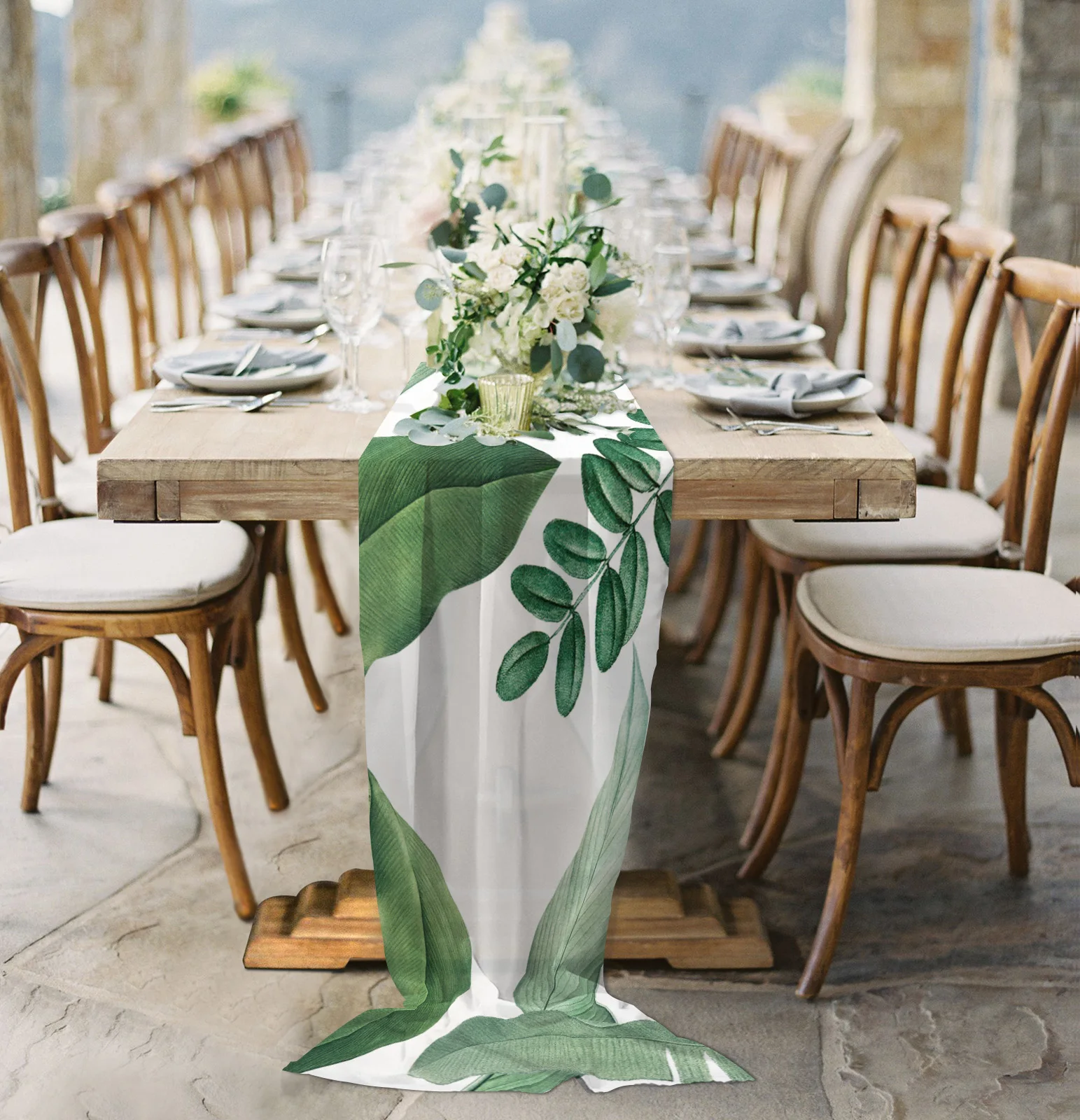 

Прозрачная шифоновая скатерть в скандинавском стиле с зелеными листьями, тропическими растениями, белая скатерть для свадебной вечеринки, ...