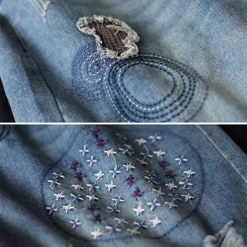 2021 Summer Women Elastic Waist Wide Leg Shorts Female Loose Floral Embroidery Pattern Denim Shorts Lady Casual Patchwork Shorts