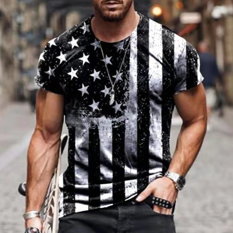 

2023 Vintage Men's Clothing American Flag Print Short Sleeve Oversized Tops Fashion T Shirt For Mens T-shirt Streetwear