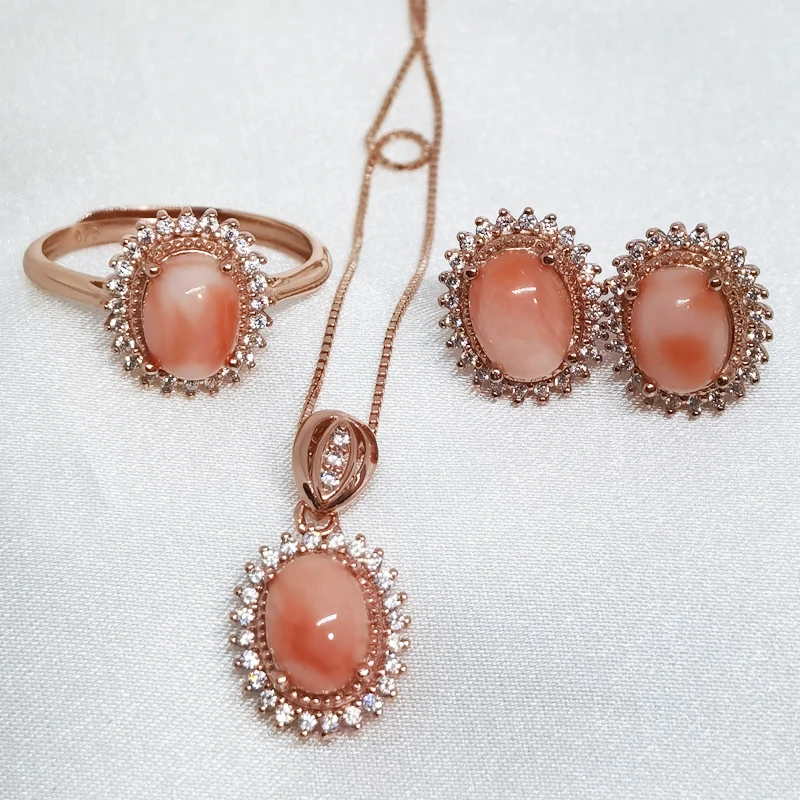 

MeiBaPJ Natural Jelly Pink Coral Gemstone 925 Silver Earrings Ring Pendant Necklace 3 Suits Fine Wedding Jewelry Sets for Women