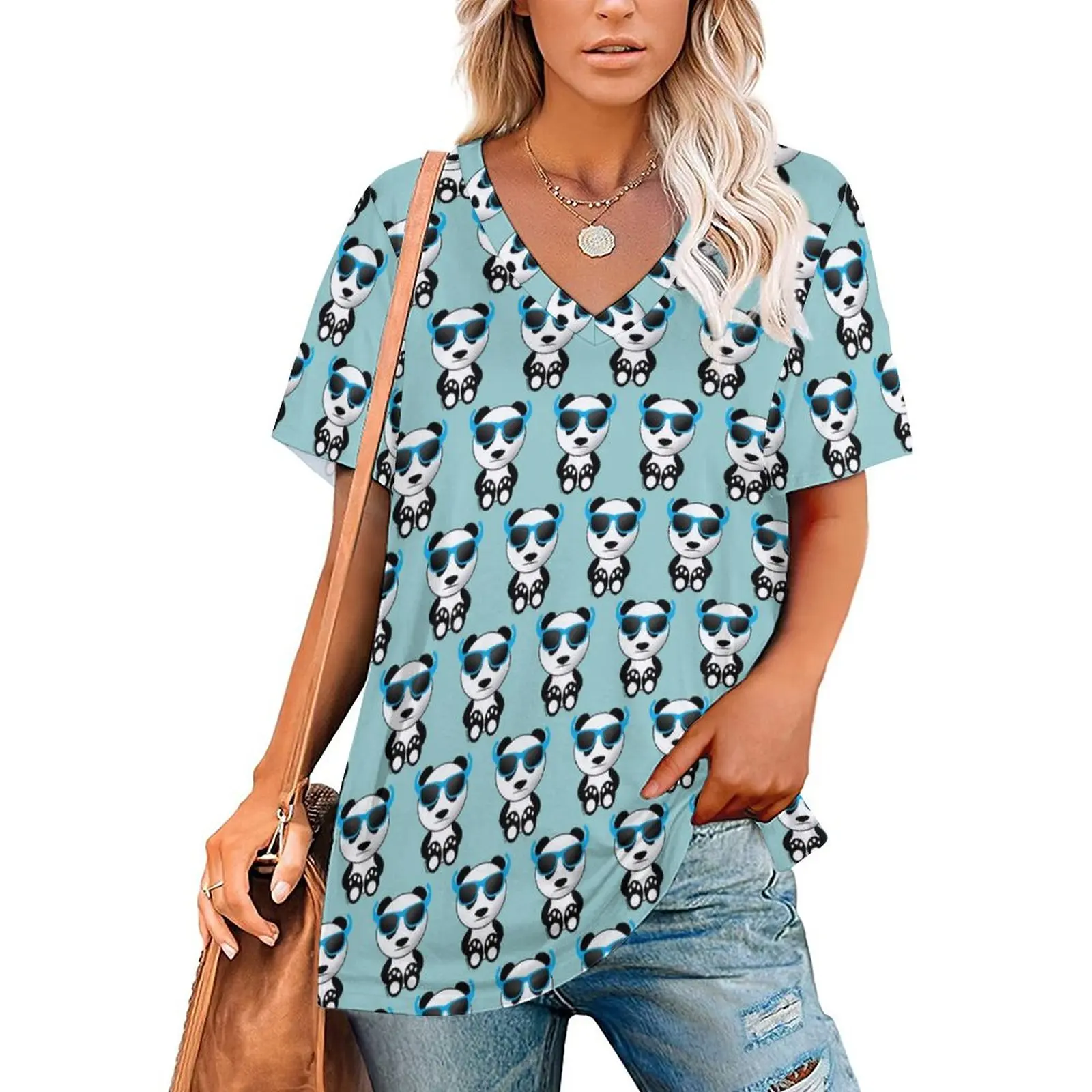 

Cute Panda Bear T Shirt Cool Animal Print Elegant Oversize T Shirts Short-Sleeve V Neck Street Wear Tshirt Beach Graphic Clothes
