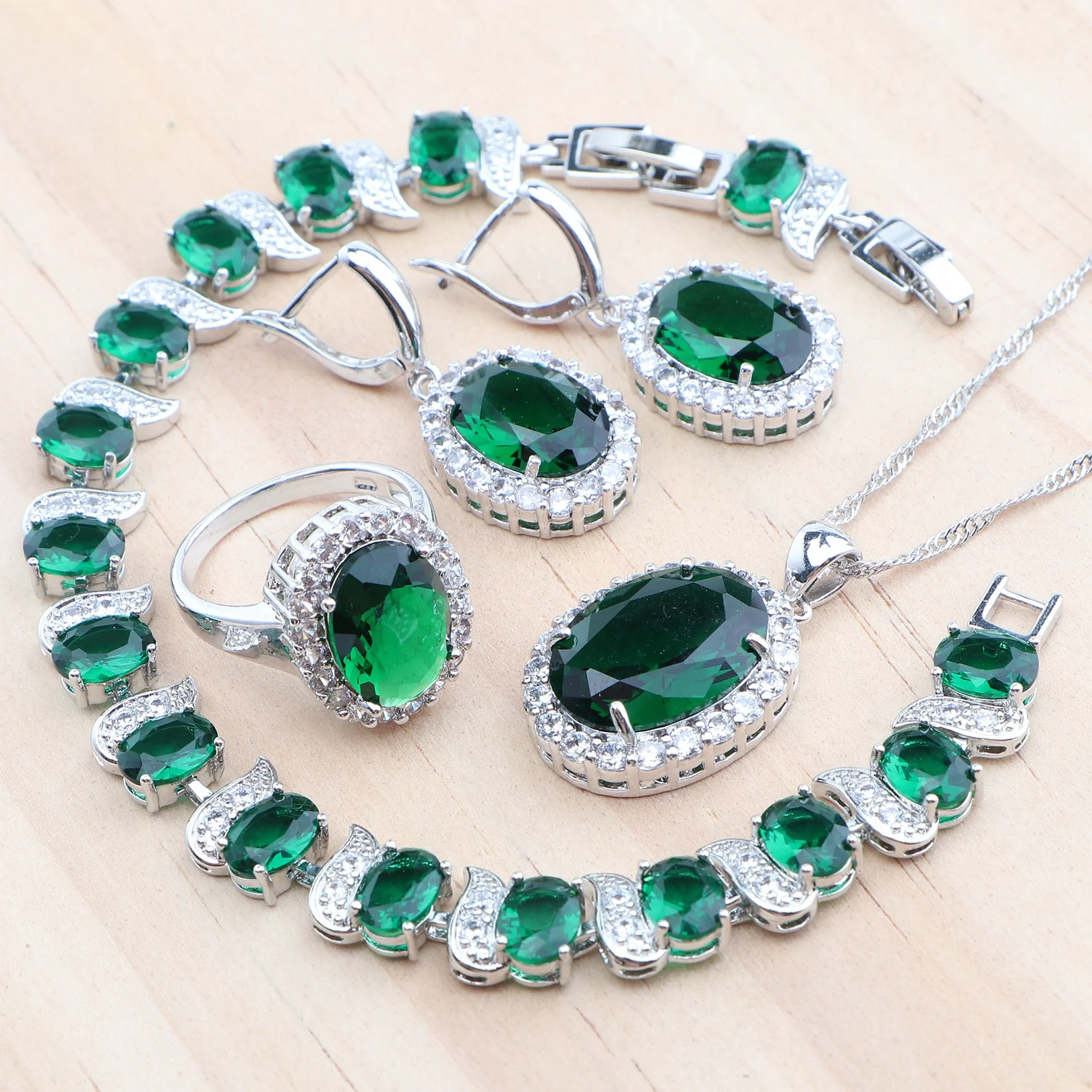 

925 Sterling Silver Jewelry Sets Wedding Green Zircon Earrings Bracelets Rings Pendant Necklace Set For Women