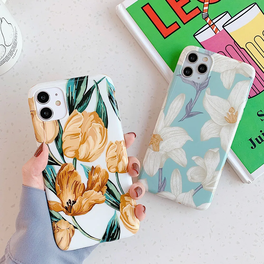 

Vintage Flowers Phone Case For iPhone 12 13 Pro Max 11 Pro Max XS Max XR X 7 8 Plus Tulip Lily Cases Soft IMD Leaf Back Cover