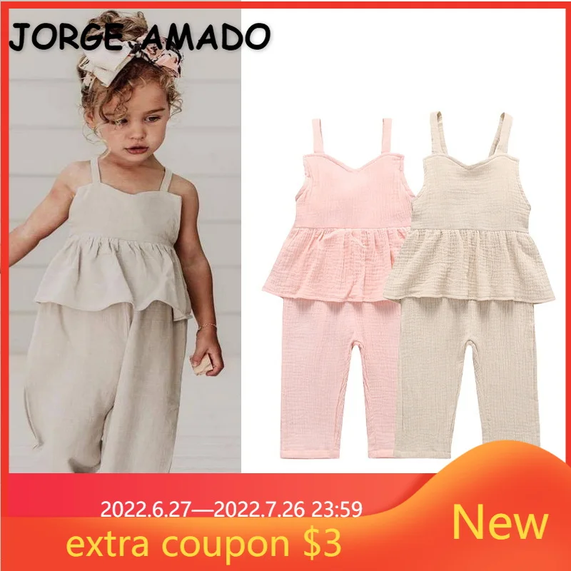 

Новинка, летняя одежда для маленьких девочек, комплекты, розовый, бежевый, льняной жилет без рукавов с круглым воротником и открытой спиной +...