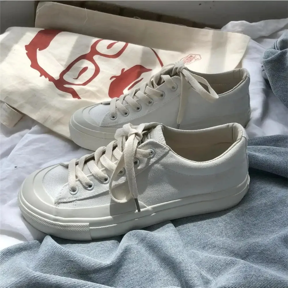 

White Canvas Shoes Women Sneakers Spring Summer Lace Up Korean Vulcanized Shoes Student Black Solid Color Design Sneakers Girls