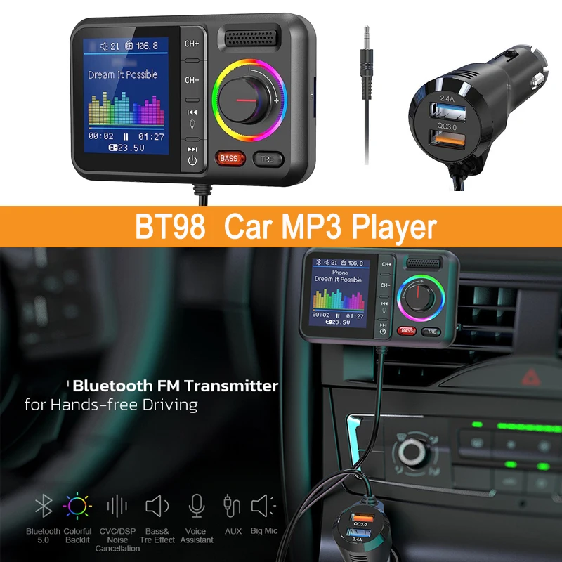 Фото BT98 Автомобильный Bluetooth MP3-плеер, зарядное устройство прикуривателя, 1,5-дюймовый цветной экран, FM-передатчик, громкая связь, голосовой помощник №1