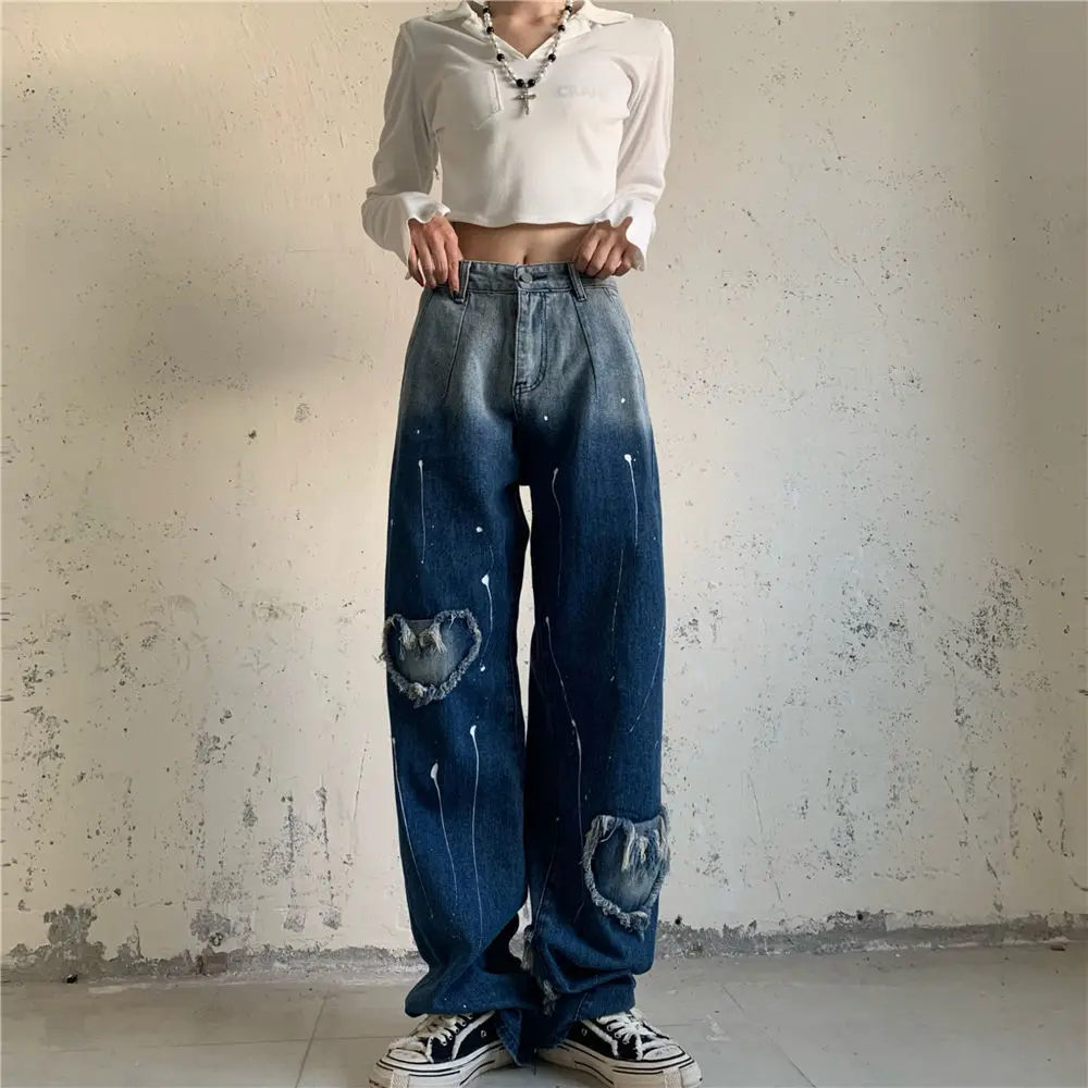 

Y2K American Street Clothing Retro Trend Gradient Love Pattern Jeans Women Men High Waist Casual Oversized Straight Pants Women