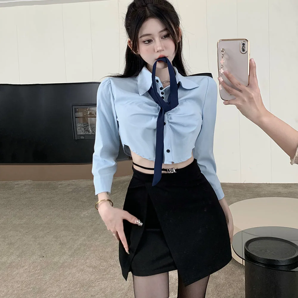 

Blue Shirts Women Sexy Long Sleeve Crop Tops Single Breasted Blouse + Club Black Mini Skirts Slim Summer Outfits For Women 2023