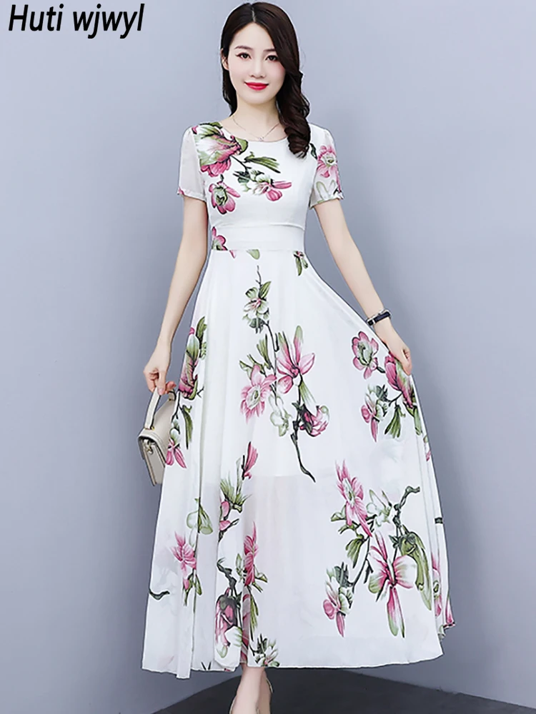 

Женское шифоновое платье-макси с коротким рукавом и цветочным принтом