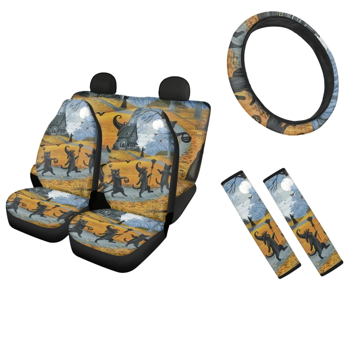 

Чехлы на переднее/заднее сиденье автомобиля, черная кошка, ведьма, модный подарок, чехол на руль для женщин и мужчин, автомобильный ремень безопасности, наплечный ремень