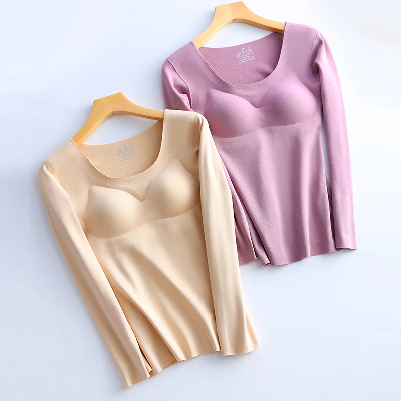 Autumn Winter Velvet Latex Cup One-piece Women Thermal Underwear Plus Velvet Thick Top Round Collar Long-sleeved Clothes
