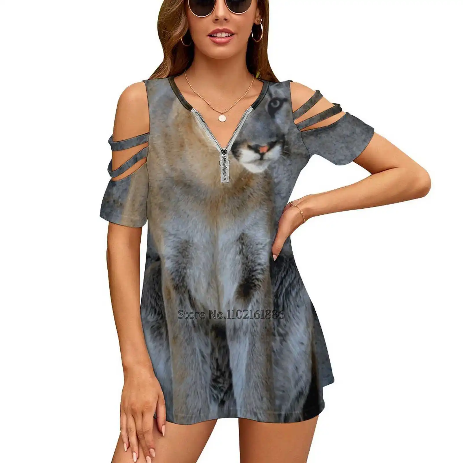 Женская футболка с коротким рукавом V-образным вырезом и молнией