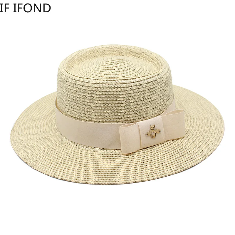 

Summer Elegant Flat Sun Hats For Women Bow Ribbon Accessories Sunshade Straw Hat Outdoor Vacation Beach Cap