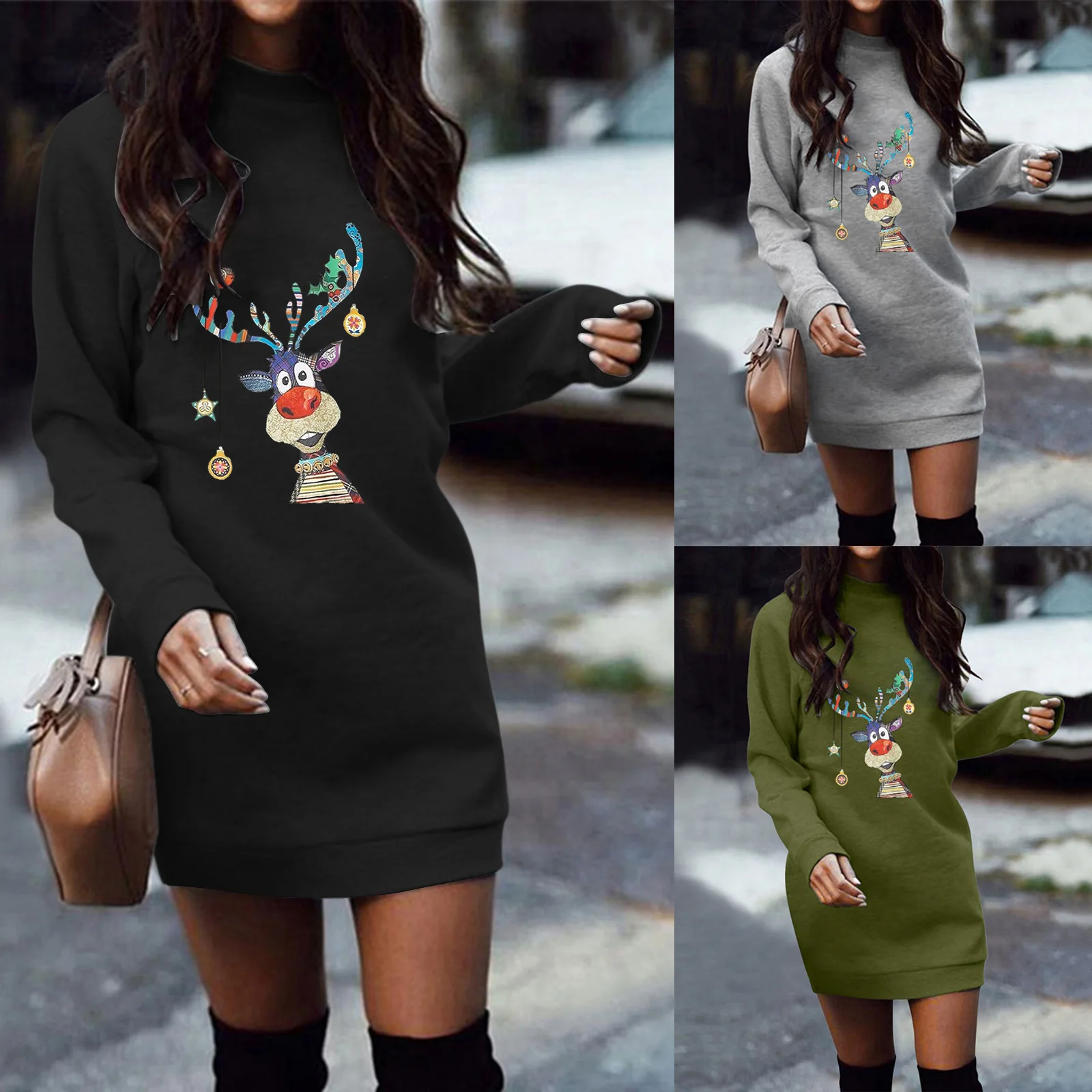 

Women Christmas Sweatershirts Long Sleeve Crewneck Oversized Gnome Printed Lightweight Midi Pullover Petite Dress with Pockets