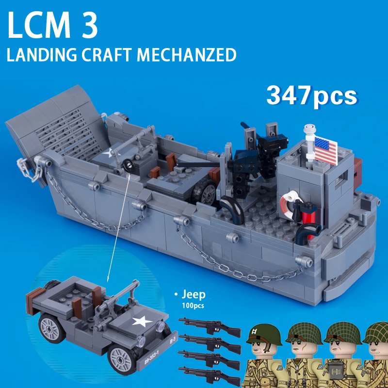 

MOC WW2 US LCM3 Landing Ship Trailer Higgins Craft Building Blocks Jeep Military Armor Car US Soldier Navy Weapons Bricks Toys
