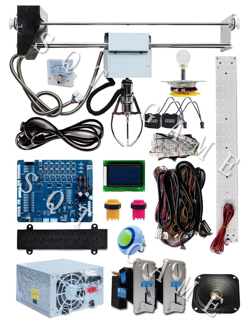 

Toy crane assembly kit DIY claw machine slot game board coin receiver, button, wire harness, claw for crane mounting