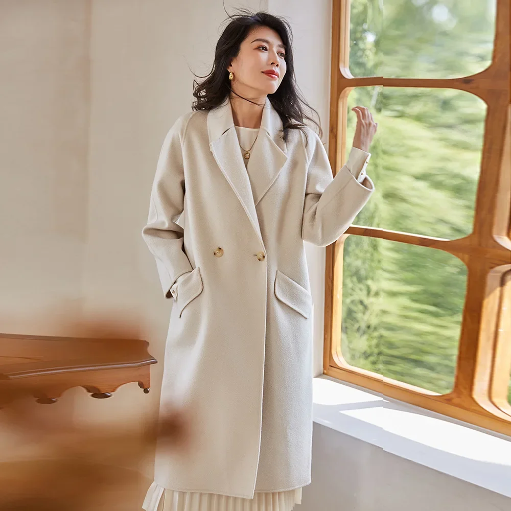 

Женское двубортное кашемировое пальто AIGYPTOS, классическое длинное шерстяное пальто с карманами, белого цвета, Осень-зима