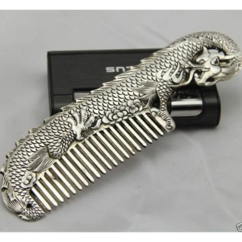 Collectibles Decorated Miao Silver Handwork Carved  Dragon Pattern Elegant Comb Decoration