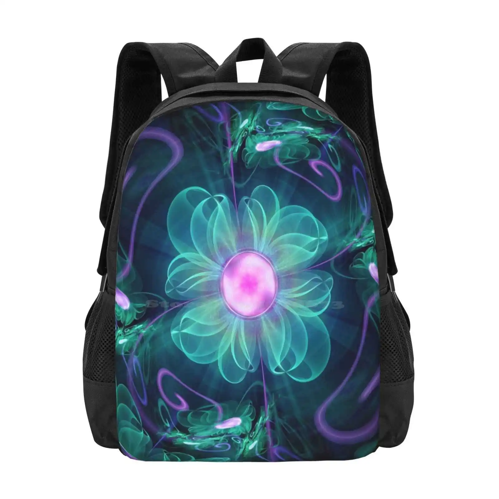 

The Enigma Bloom , An Aqua-Violet Fractal Flower Fashion Pattern Design Travel Laptop School Backpack Bag Beautiful Hypnotic