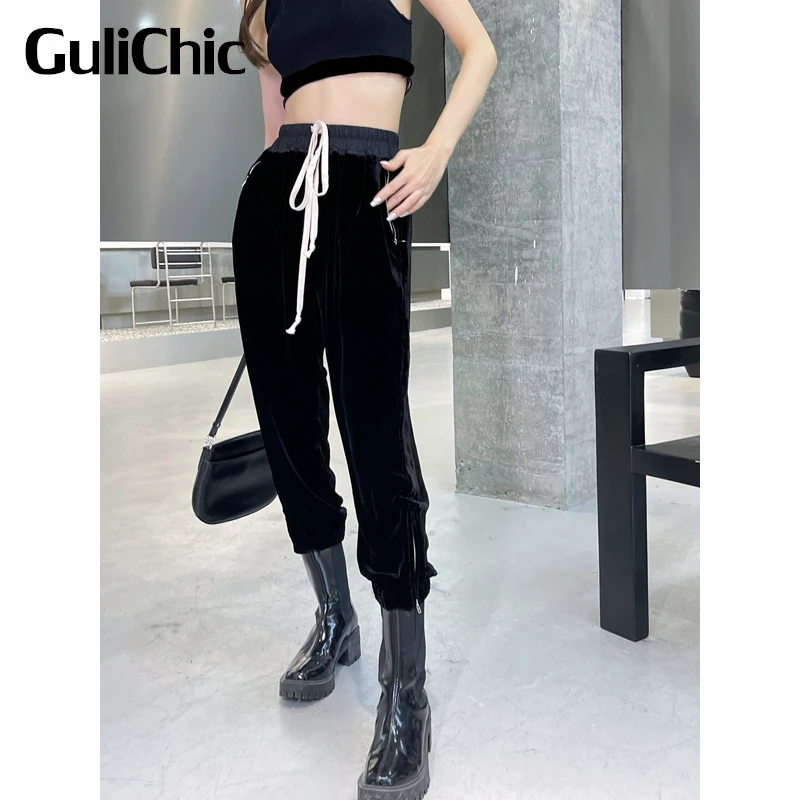 

11.9 GuliChic Women Fashion Drawstring High Waist Silk Velvet Zipper Hem Calf-Length Straight Tapered Pants